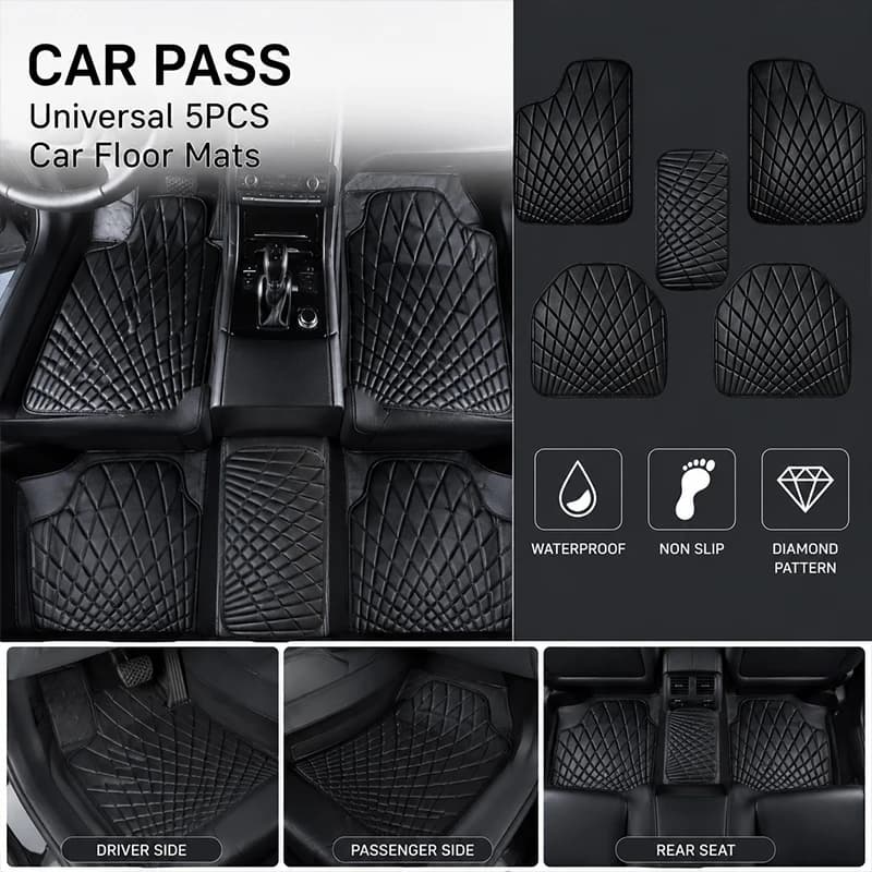 CAR PASS Universal 5PCS Leather Car Floor Mats Waterproof Non Slip Diamond Pattern Full Set for Auto Interior