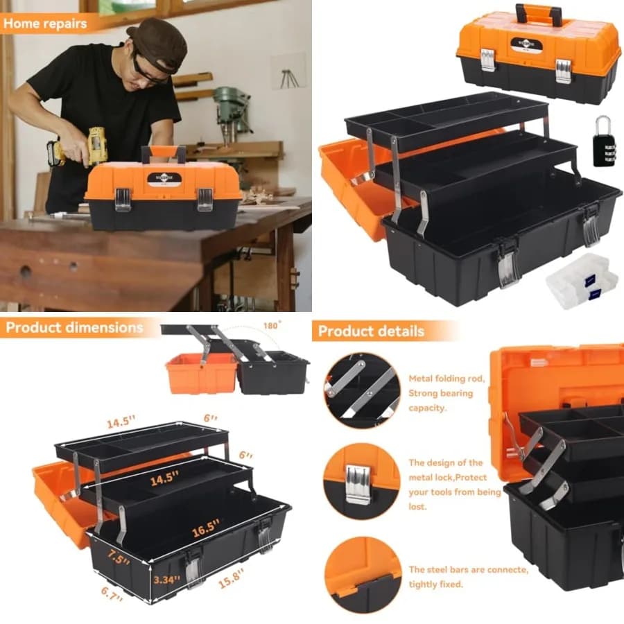Organizzatore per Attrezzi da 16,5 Pollici, Cassetta Portautensili in Plastica a 3 Strati con Maniglia Portatile, Perfetta per Casa, Ufficio, Auto