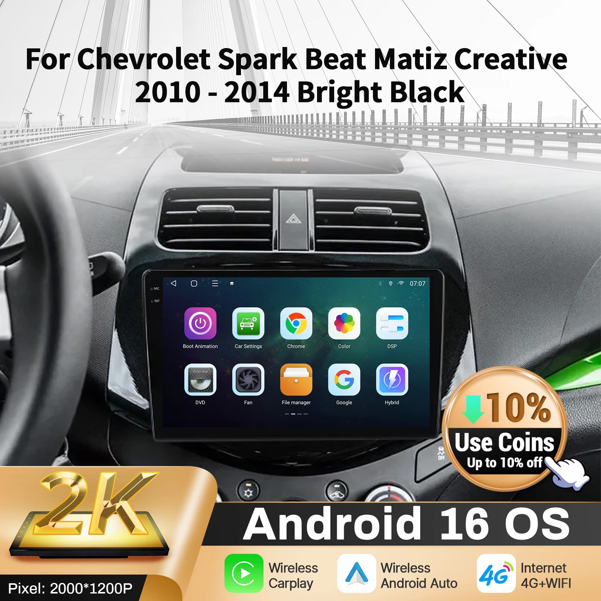 9inch Car Radio For Chevrolet Spark Beat Matiz Creative 2010-2014 Bright Black BT Carplay Android 16 Multimedia 2K QLED Screen