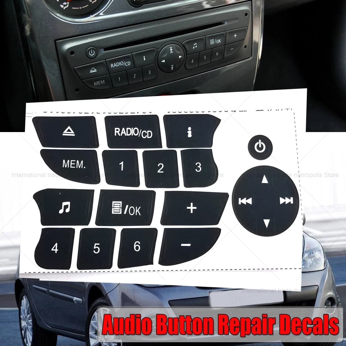1 pz per Renault Clio e Megane 2009-2011 CD Radio Pulsante Audio Riparazione Decalcomanie Adesivi