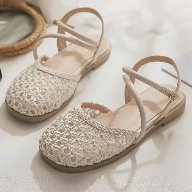 Sandali da donna stile francese a punta chiusa, estivi, traforati, con cinturino singolo, tacco largo, taglie forti