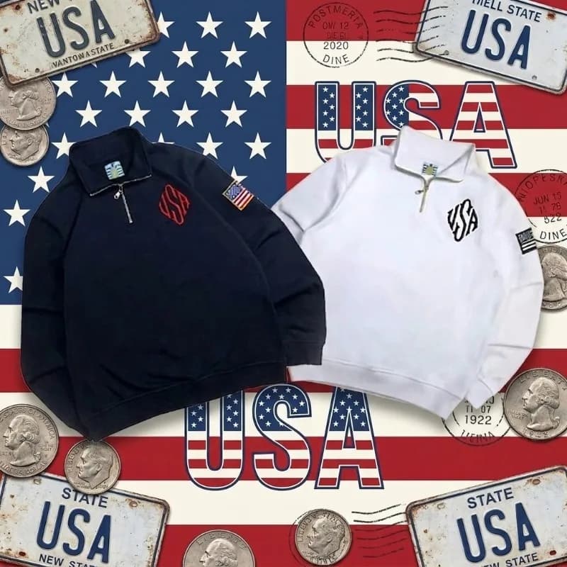 Felpa Vintage Y2K con Zip a un Quarto e Bandiera USA, Stile Americano, Pullover Oversize Unisex, Streetwear Casual a Maniche Lunghe