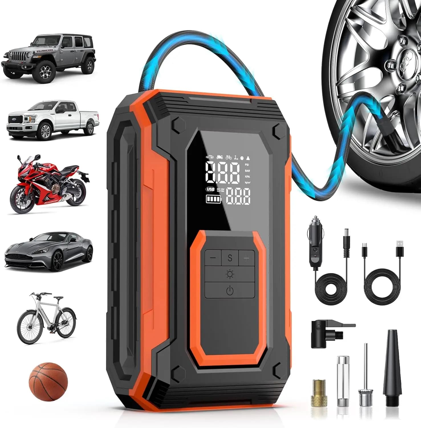 Gonfiatore portatile per pneumatici Pompa ad aria senza fili da 150 PSI, batteria a doppia alimentazione e 12 V CC, con funzione di memoria per auto, moto, bici, Ba