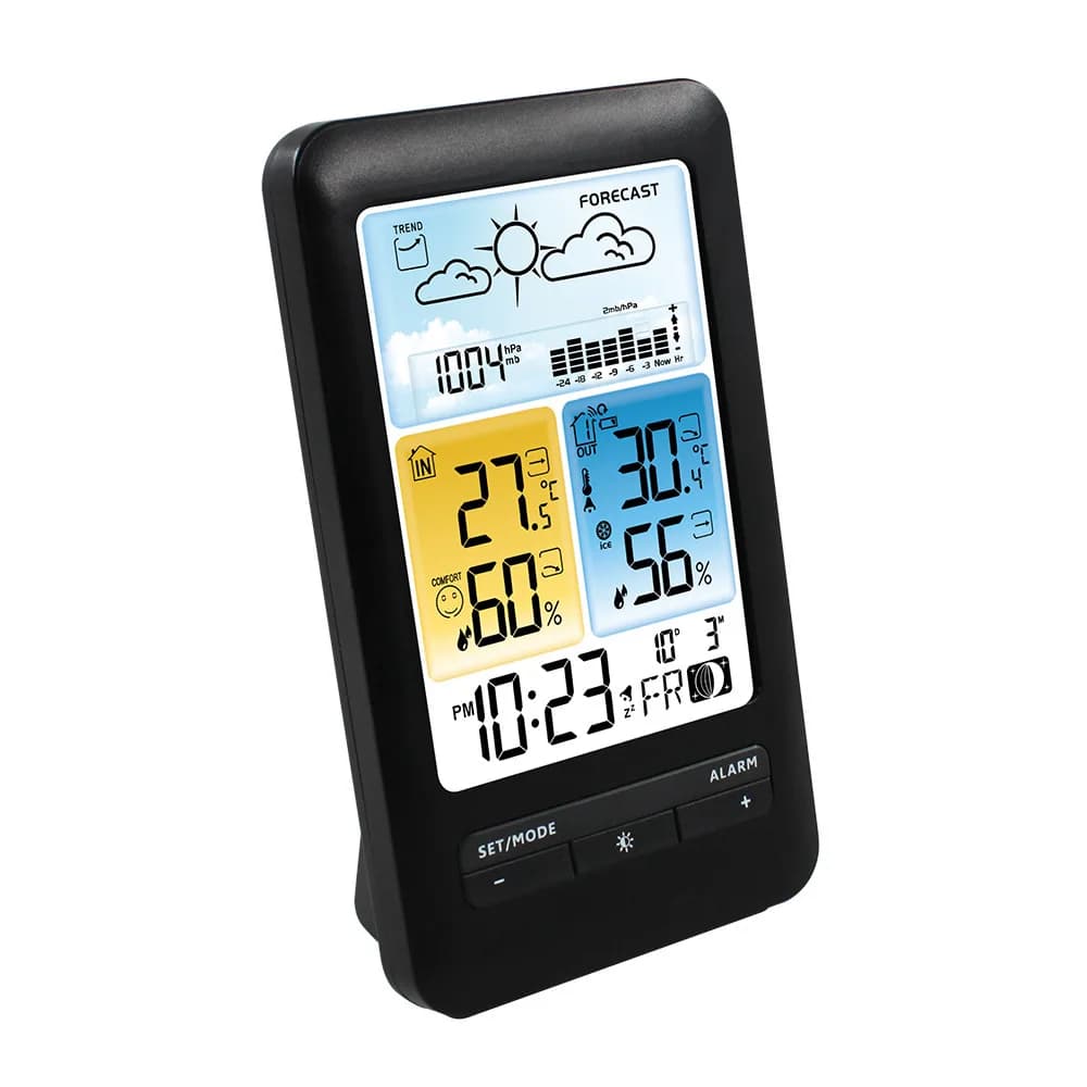 Stazione Meteo Wireless con Display LCD a Colori, Termometro Digitale, Igrometro, Fasi Lunari e Sveglia
