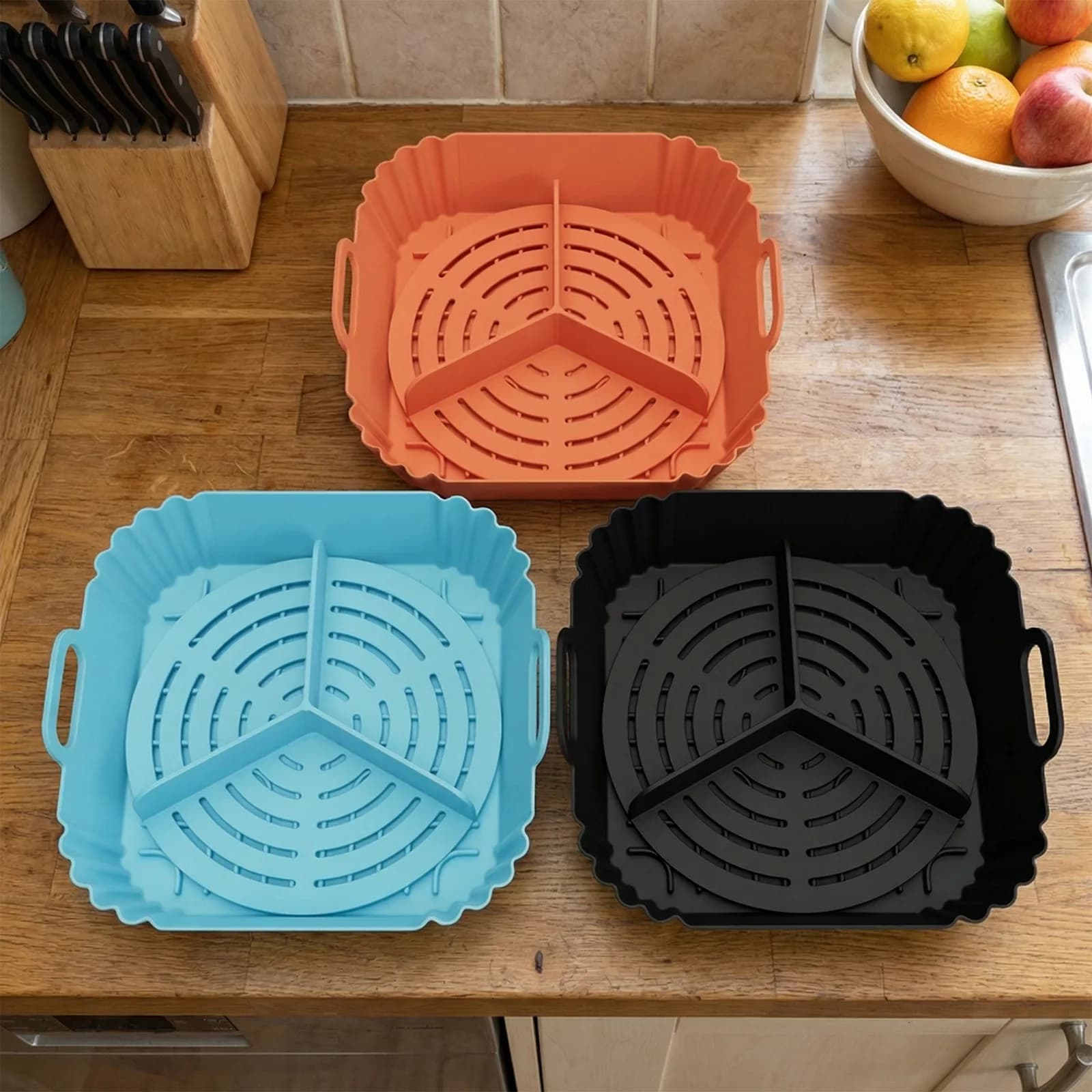 Air Fryer Silicone Baking Tray, Reusable Square Rectangular Mold with Handles, Oven Microwave Dishwasher Safe Pan