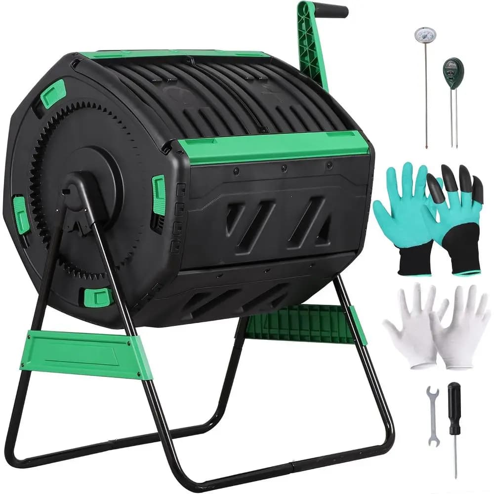 53 Gallon Dual Chamber Compost Tumbler, Octagonal Outdoor Bin with Thermometer, Soil Tester & Gloves, Heavy Duty Rotating Compos