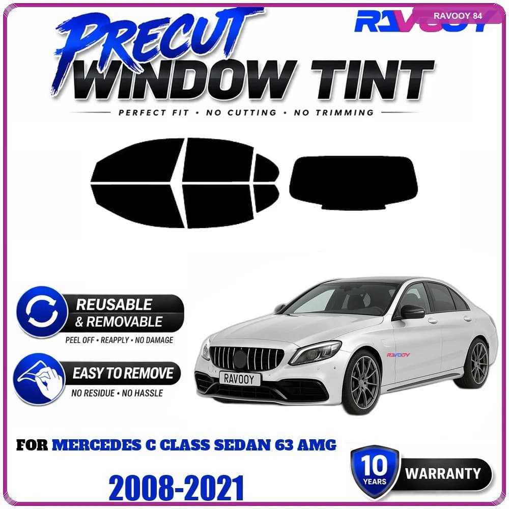 Precut Window Tint, Reusable Removable EPU Film, Custom Fit for Mercedes C Class Sedan 63 AMG 2008-2021, UV Heat Protection