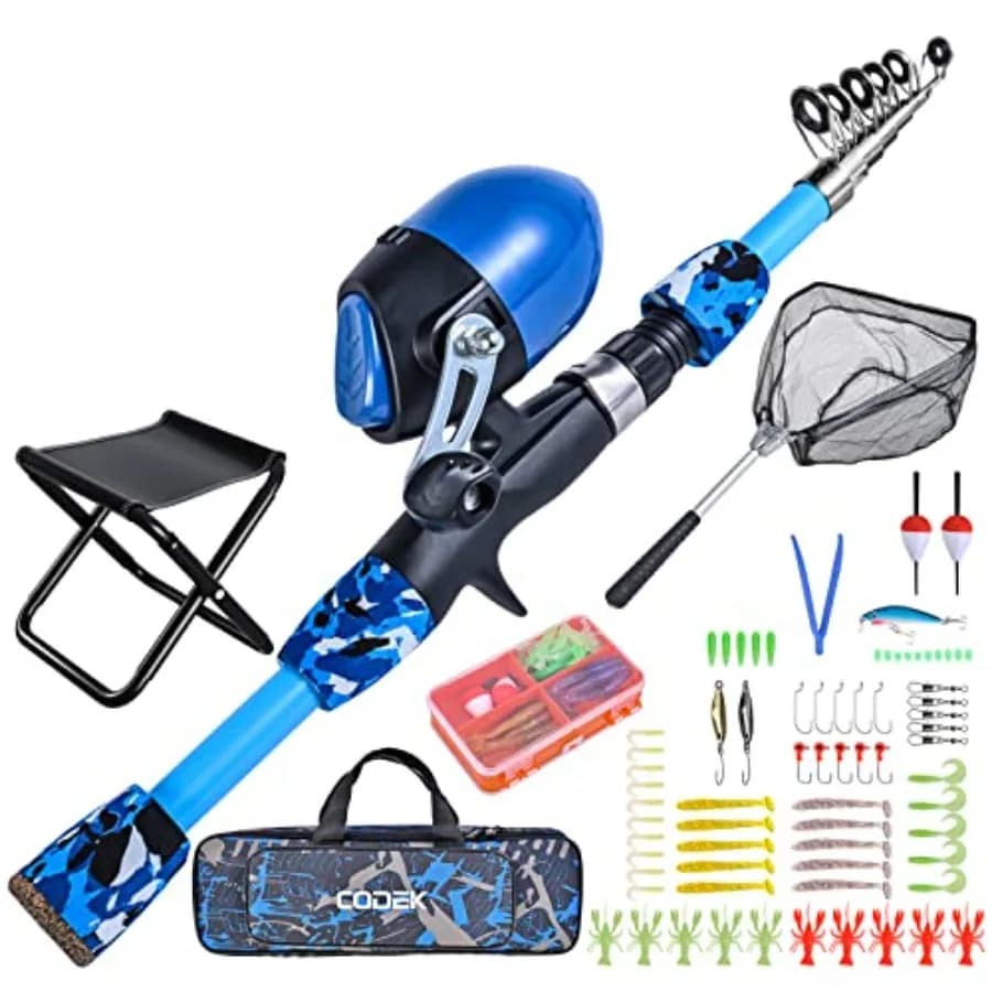 Set da Pesca Portatile con Canne Telescopiche, Sedia Pieghevole, Rete da Pesca, Borsa per il Trasporto e Kit Completo per Ragazzi e Ragazze