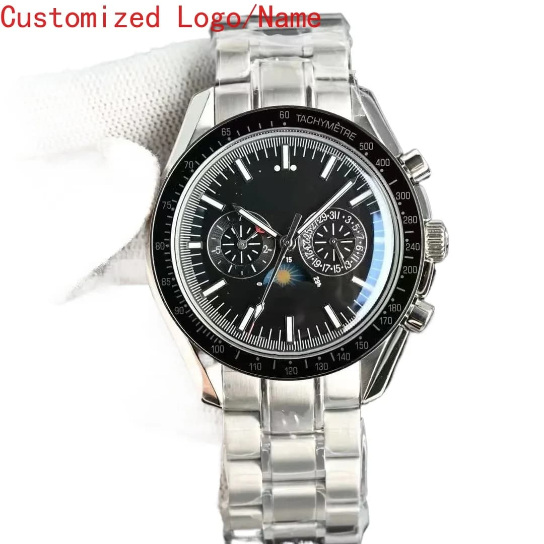 Orologio Meccanico Automatico di Lusso con Fasi Lunari, Acciaio Inossidabile, Lunetta in Ceramica Nera e Blu, Vetro Zaffiro, 42mm, Personalizzabile