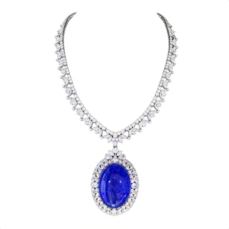 BELLUX Gioielli di Lusso per Banchetti, Collana Grande con Pendente in Argento S925 con Zaffiro Sintetico Ovale Blu Reale per Donne
