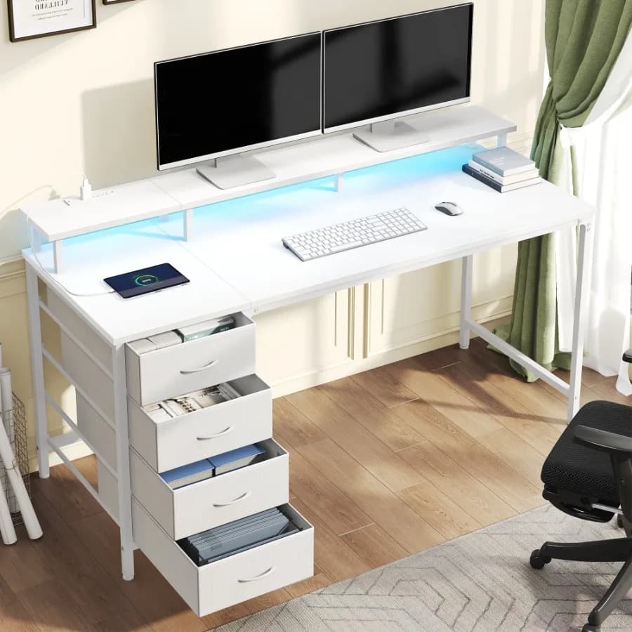 40-Inch Computer Desk with Power Outlets and LED Lights Gaming Desk with 4 Drawers and Monitor Stand for Small Spaces White