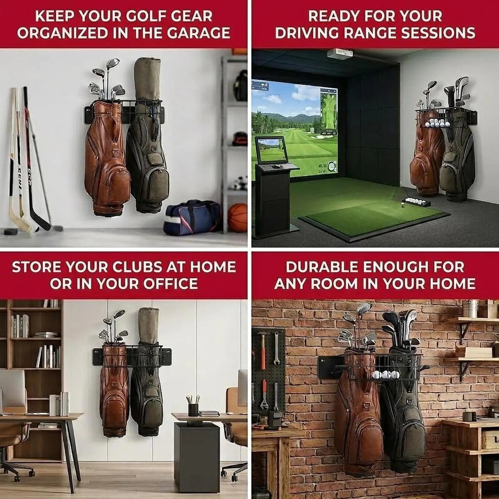 Golf Storage Rack Wall Mount Heavy Duty Metal Organizer with Mesh Basket for Bags Balls Towels Hats Gloves