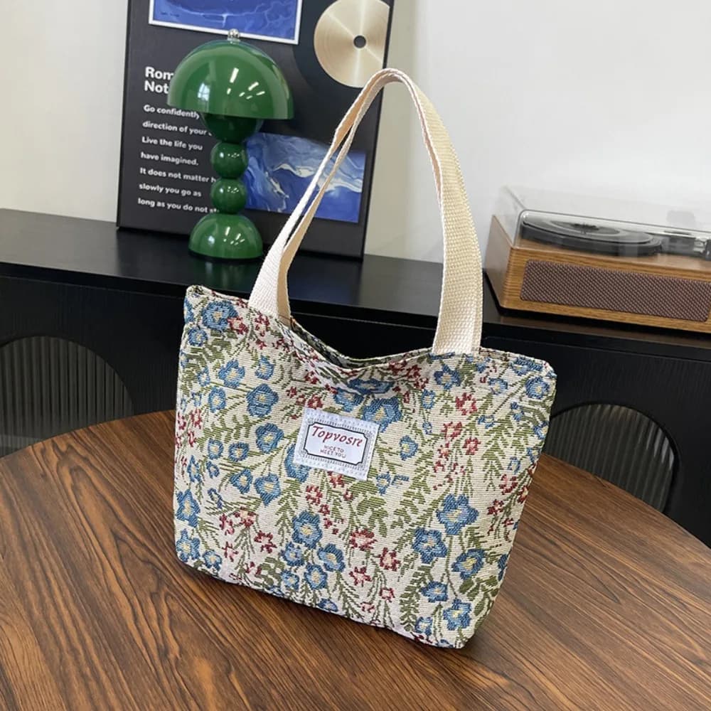 Portable Versatile Girl’s Handbag Flower Printed Large Capacity Shoulder Bag Lightweight Leisure Casual Tote Bag Travel