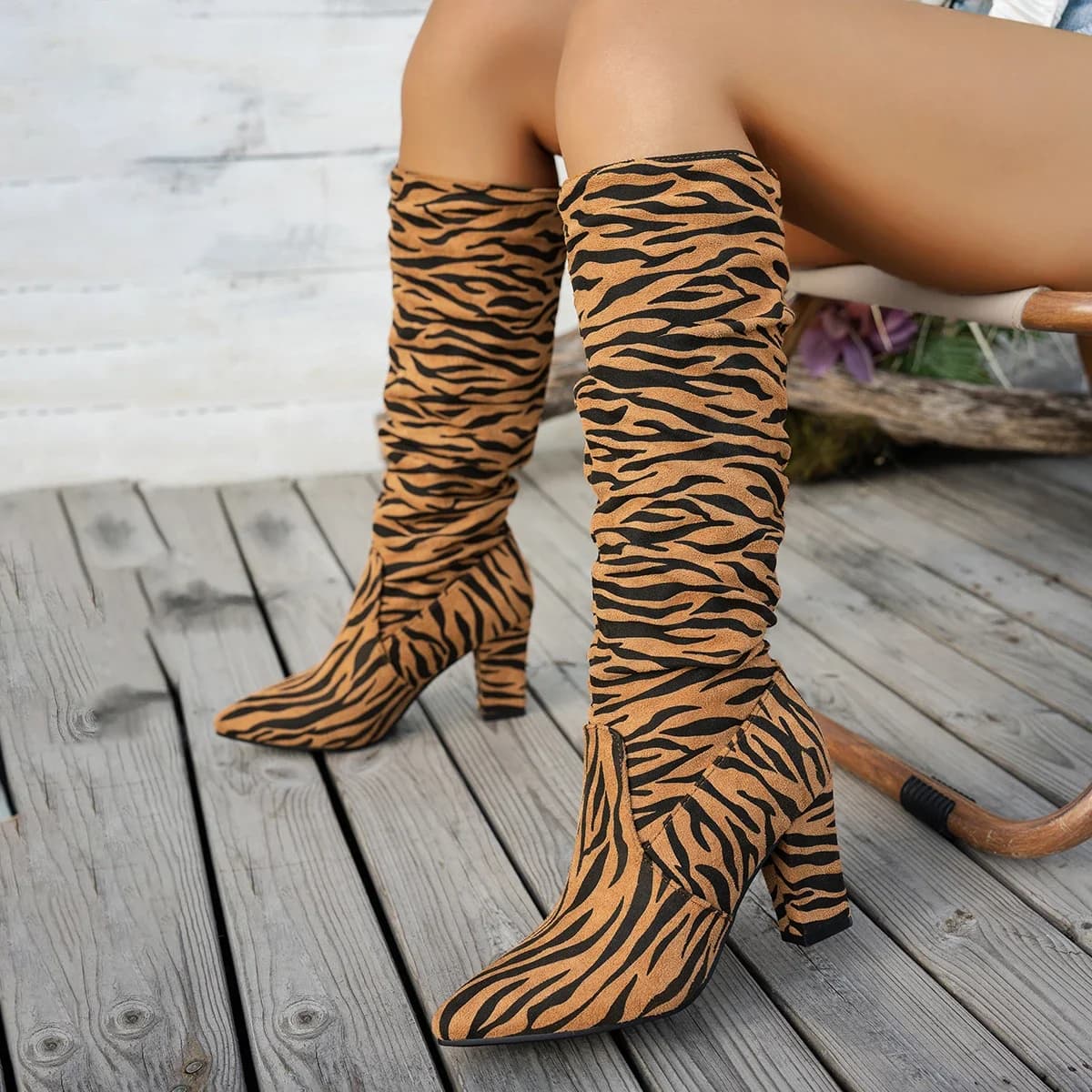 Stivali da donna Moda Punta tonda Piattaforma Tacchi alti Scarpe Stivali leopardati sexy sopra il ginocchio Stivaletti eleganti di lusso da donna all'aperto