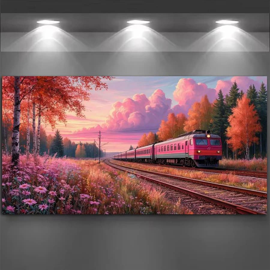 Pink Train Scenery Large Size Diy Diamond Art For Adults Painting Kits New Collection Landscape Full Mosaic Embroidery Picture