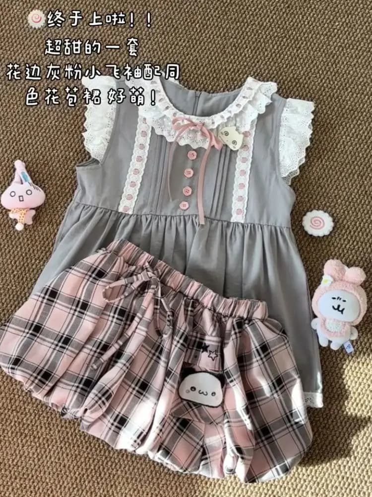 Abiti Kawaii Set 2 Pezzi Abbigliamento Donna Top+Gonna Corta a Quadri Y2k Anni 2000 Dolce Stile Giapponese Harajuku Fairycore Abito Estivo alla Moda