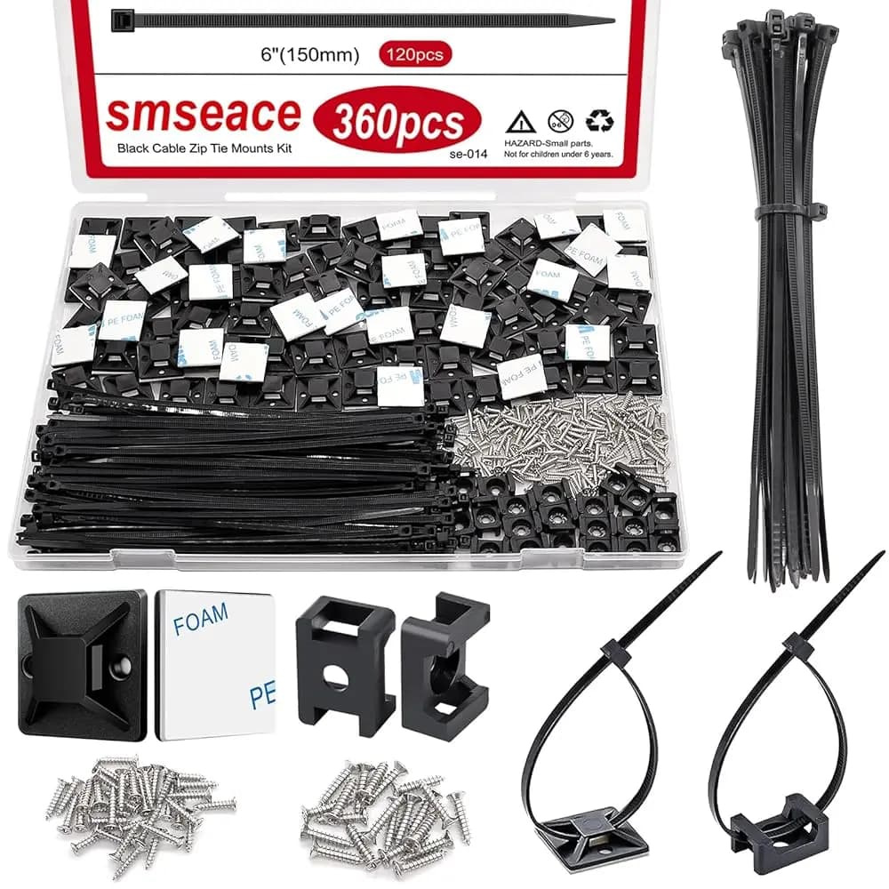Kit da 360 Pezzi di Fascette Nere Autoadesive con Adesivo Forte e Viti, Protezione UV per Esterni, Lunghezza 6 Pollici