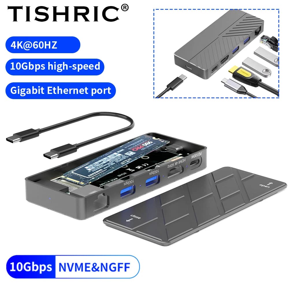 Docking station SSD TISHRIC 6-in-1M.2 - Supporto doppio protocollo (NVMe/NGFF SATA) con USB3.2 Gen2 10 Gbps