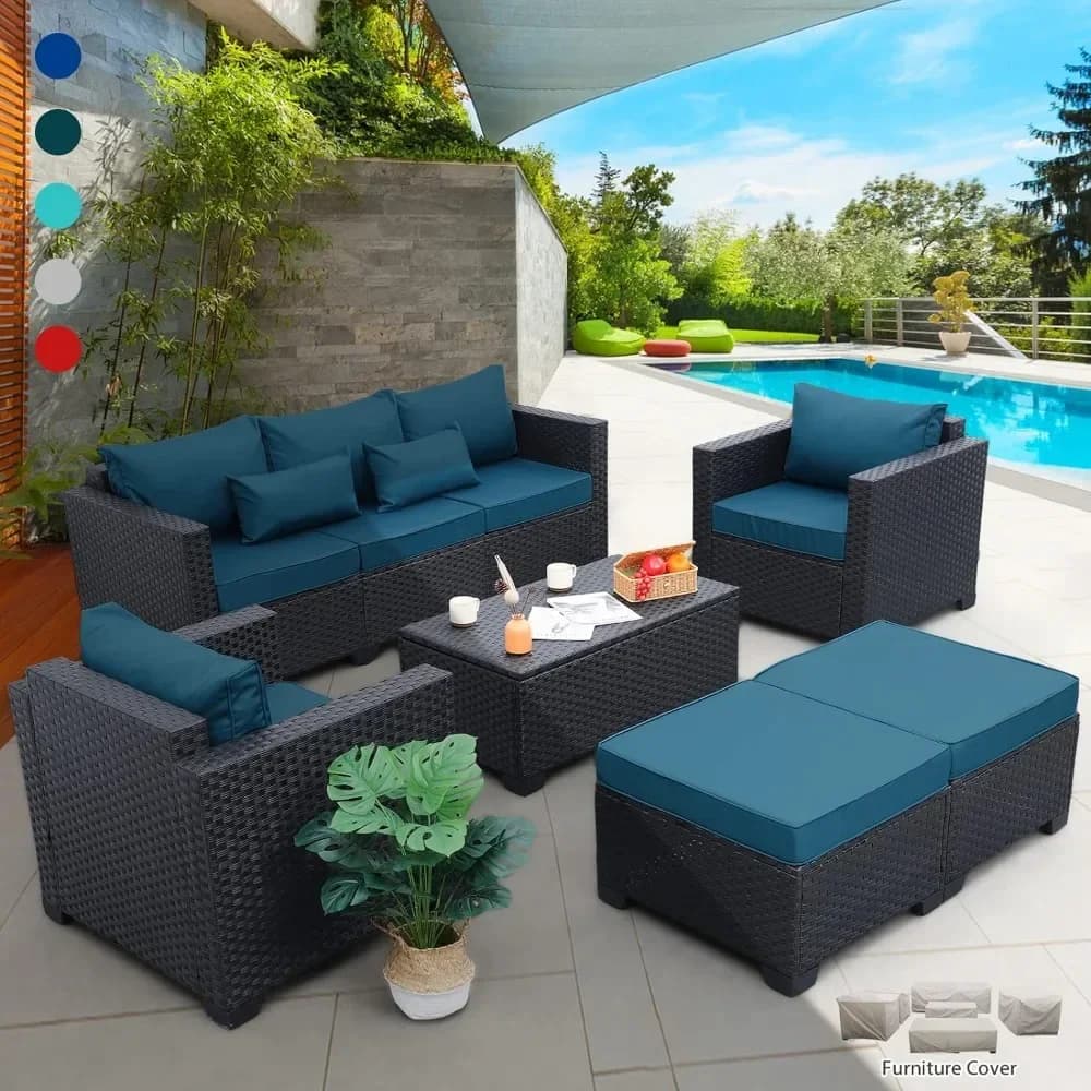 Garden furniture set 6 pieces Sofa Outdoor chairs Coffee table Blue peacock Non-slip cushions and waterproof covers Rattaner