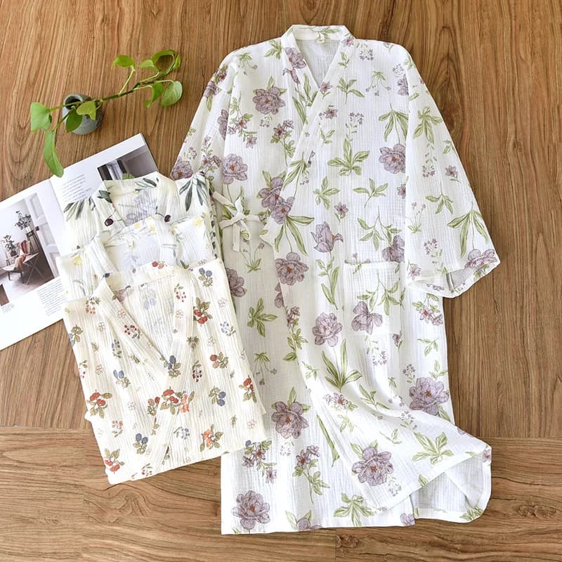 2026 japanese Spring/Summer Kimono 100% cotton Crepe Kimono nightdress Cute Home Bathrobe Vestaglie for women