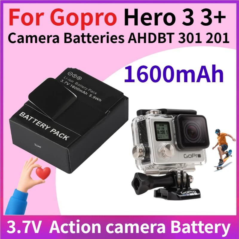 Battery for action camera 3.7V 1600mAh AHDBT-301/302 for Gopro Hero 3 3+ Camera batteries AHDBT 301 201 Rechargeable accessories
