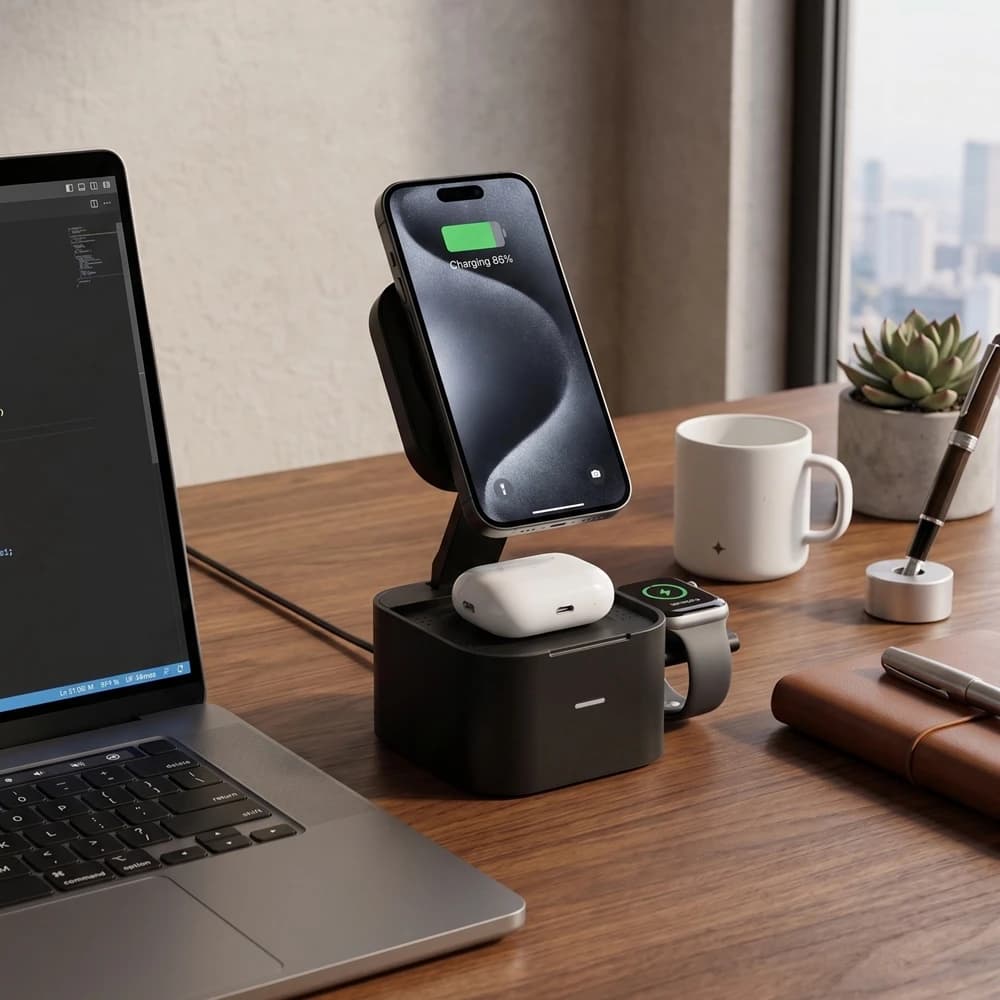Qi2.2 Magnetic Wireless Charger compatible with MagSafe 25W 3in1 Fast Foldable Travel Stand 45W Plug For iPhone 17 16 Pro Watch