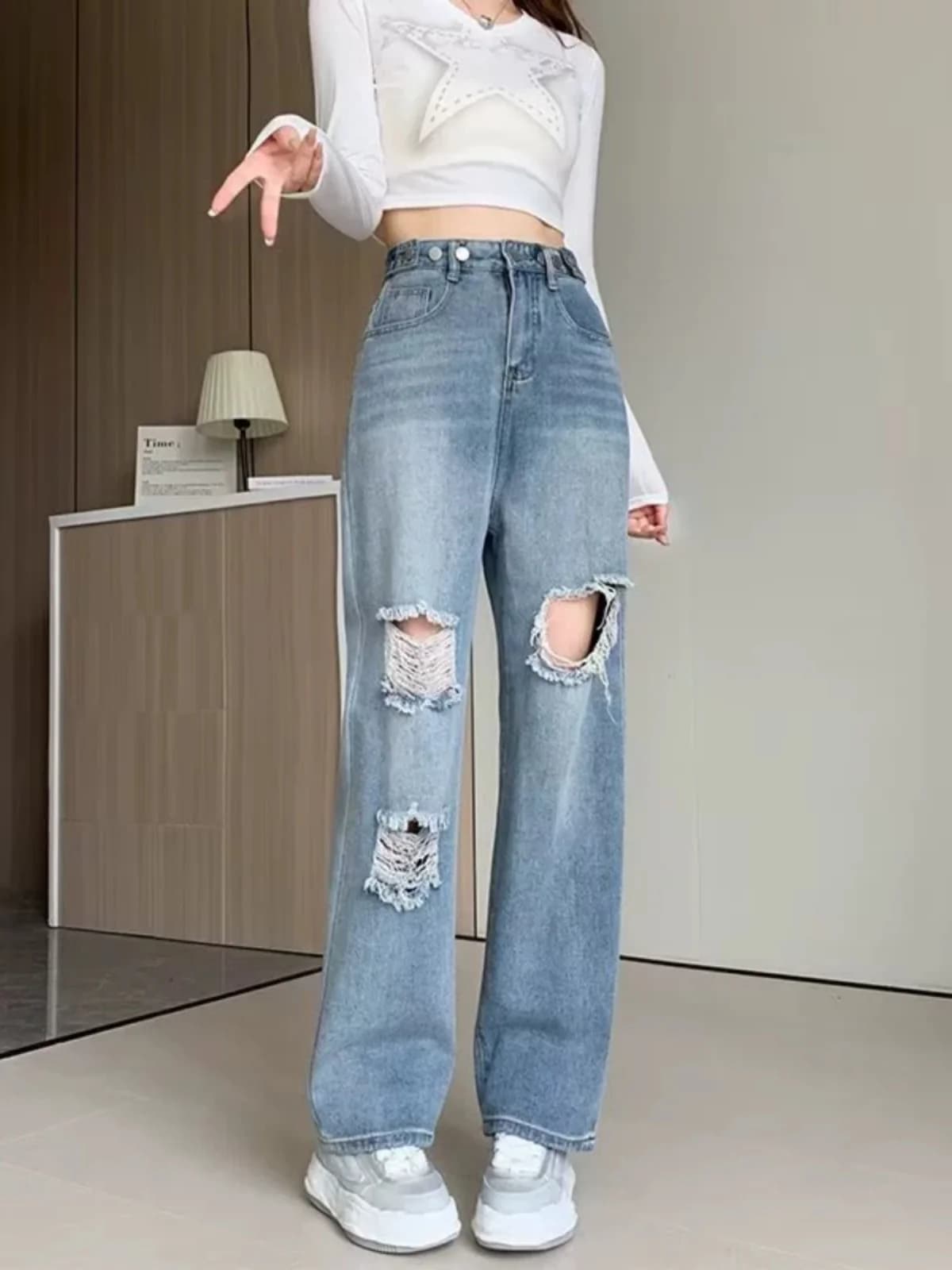 Women's High Life Jeans, Springs and Autumns, with Design Trendy in Strappi, Gamba Larga and Dritta, Effetto Snellente, Floor Length