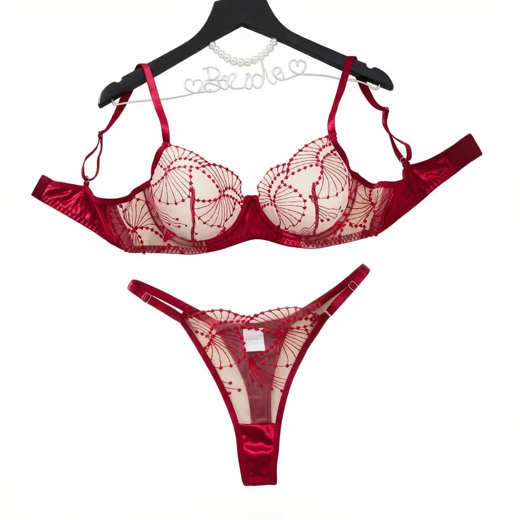 Women Red Embroidery Lingerie Set Sheer Mesh Underwire Bra And Thong Satin Trim Intimate Underwear ZA825287