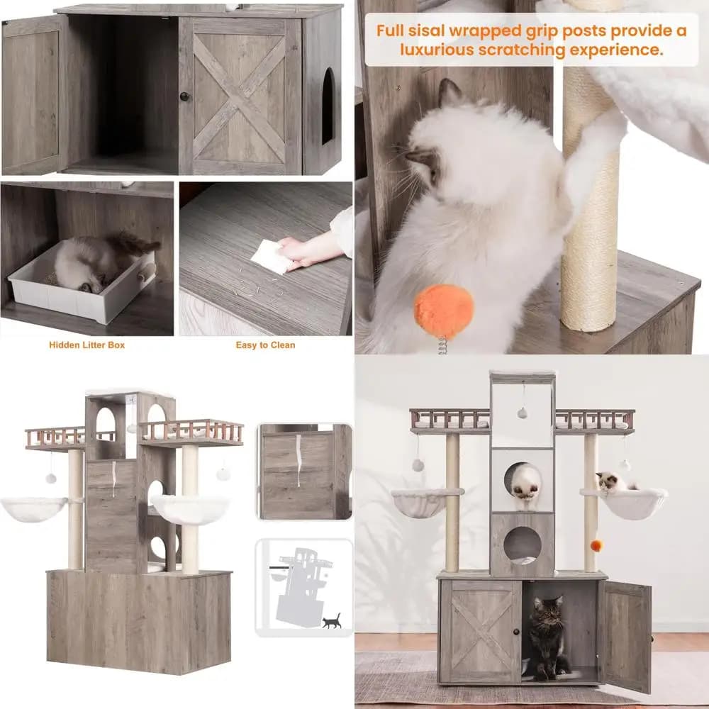 Albero per gatti da interno di grandi dimensioni con recinto per lettiera, torre per gatti resistente da 9 kg, casetta moderna grigia rustica con posti per grattare