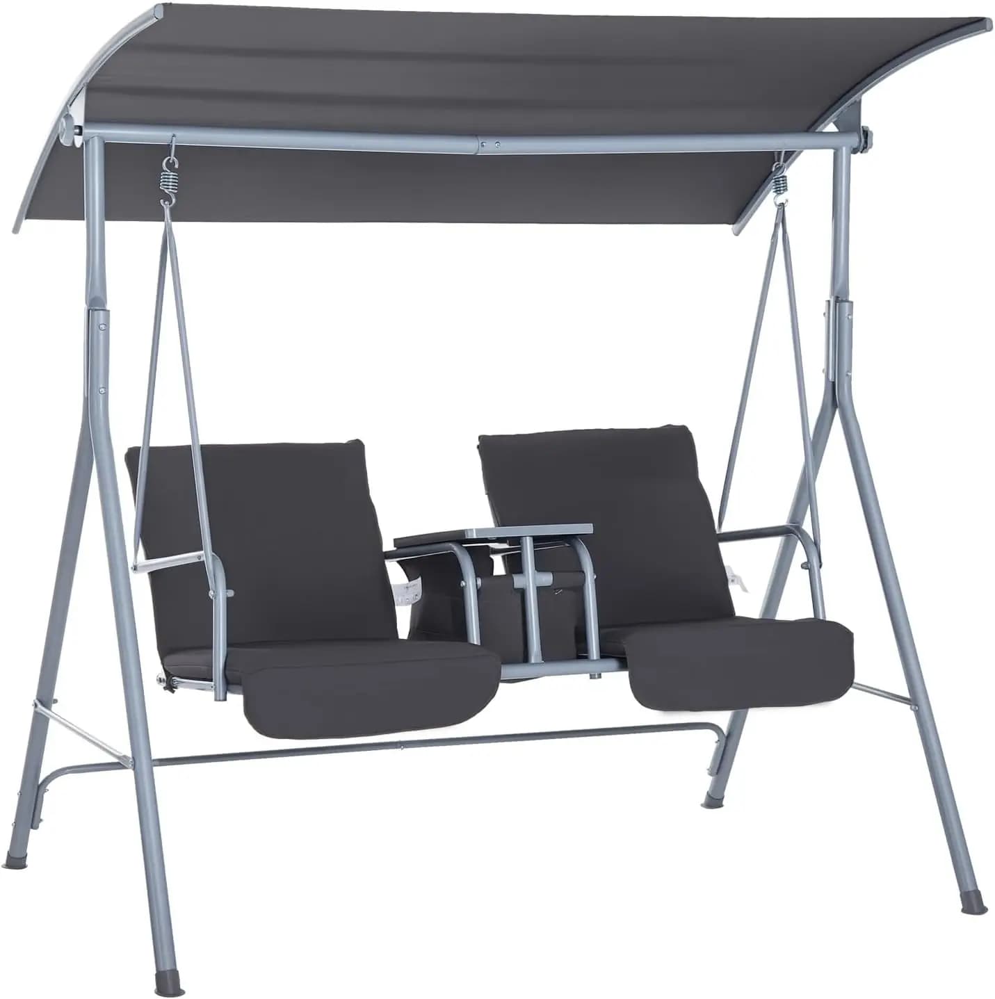Outdoor 2 Person Porch Swing With Stand, Heavy Duty Patio Swing Chair With Sun Shade Canopy, Cushioned Yard Glider Bench With Storage Table And Cup Holders, Gray