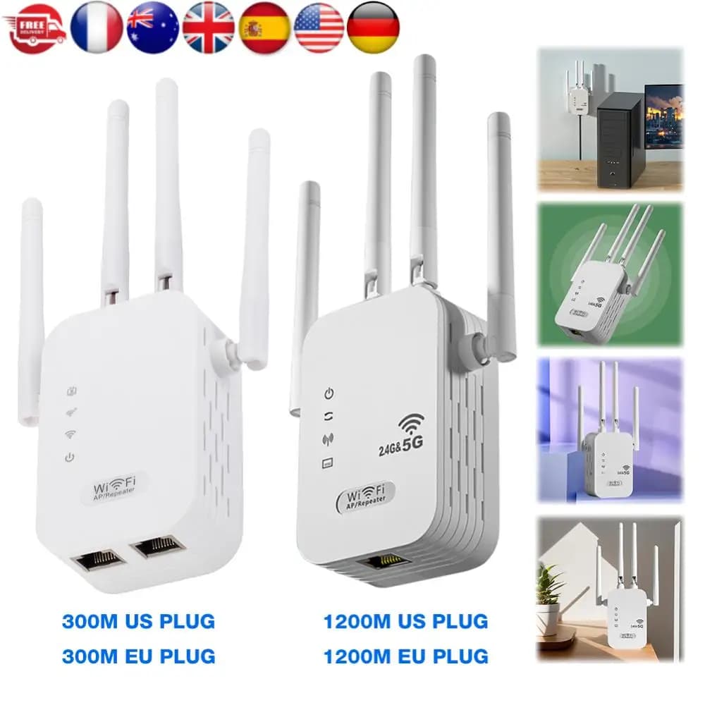 Ripetitore WiFi wireless da 1200 Mbps con porta WAN/LAN Estensore WiFi dual-band da 2,4 GHz/5 GHz 4 antenne Ripetitore di segnale Wi-Fi per la casa
