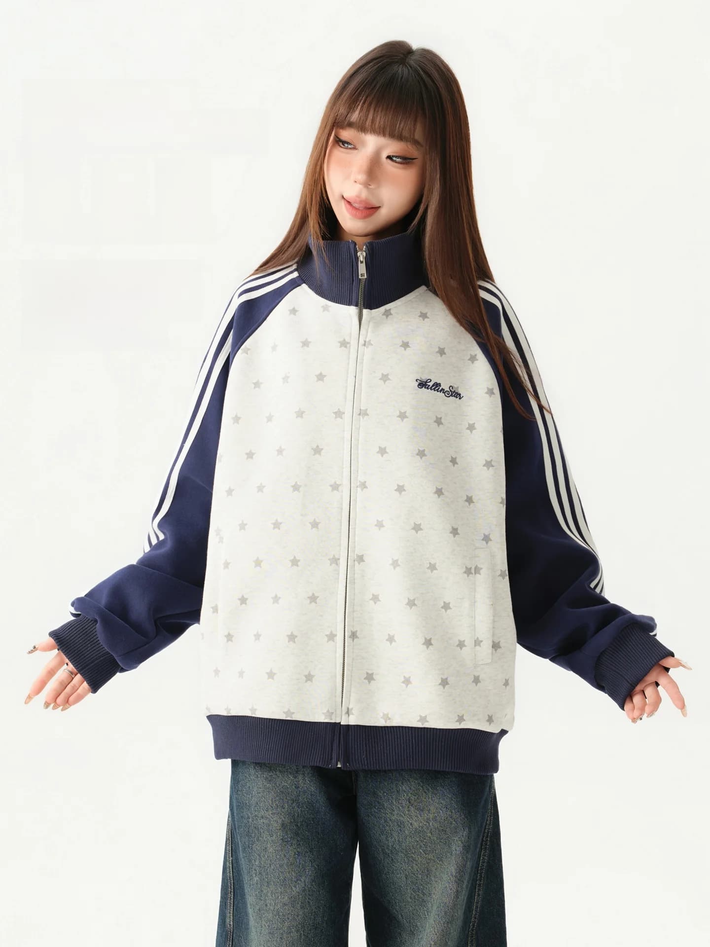 Cardigan Aperto a Righe Stile Americano, Giacca con Stampa a Stelle, Giacca da Donna Larga Stile College con Colletto Rialzato