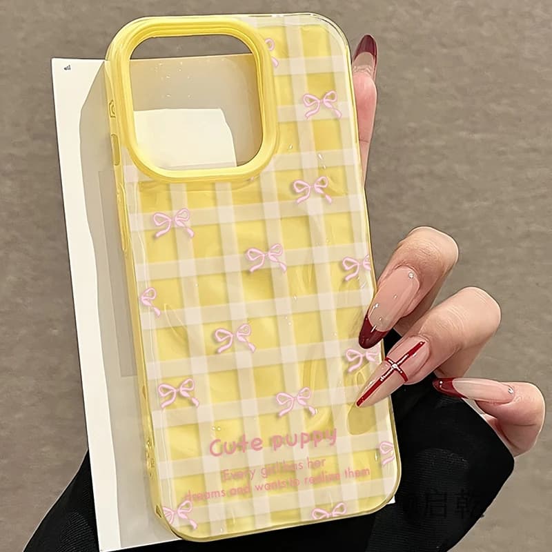 Cute Pink Bow Grid Phone Case for iPhone 11 12 13 14 15 16 Plus 17 Pro Max Air Blue White TPU Shockproof Soft Protective Cover