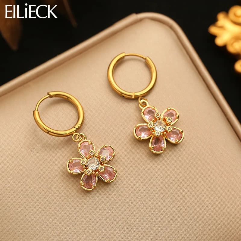 EILIECK Women's Trendy Floral Pink Zirconia Drop Earrings Stainless Steel Ear Dangle Daily Water-resistant Jewelry Lady Gift