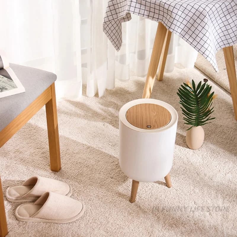 Pattumiera in legno con piede alto per bagno Pattumiera da cucina creativa con coperchio per pressa Contenitore per rifiuti per WC da soggiorno