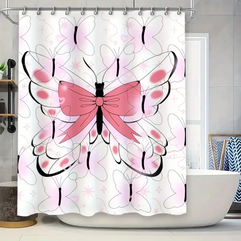 Tenda da doccia a farfalla rosa con motivo a contorno nero per decorazioni per il bagno, tessuto impermeabile, accessori per il bagno di casa con design floreale