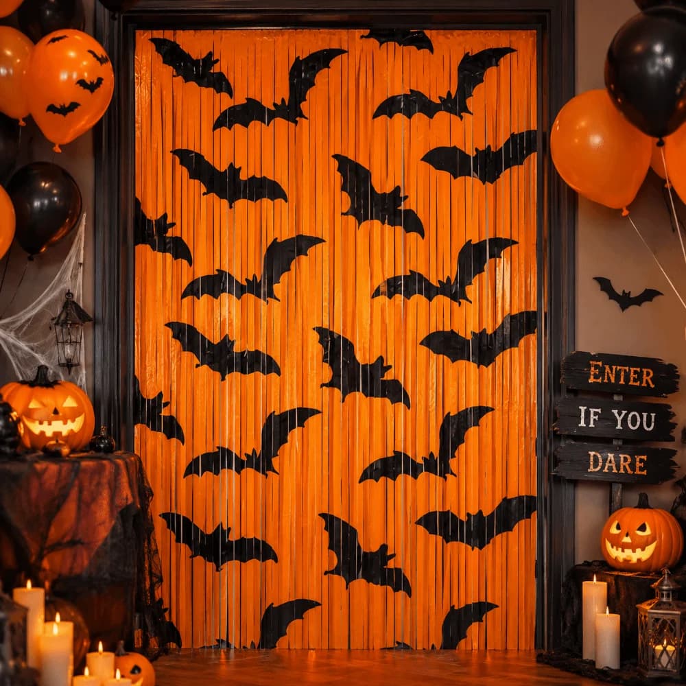 Black Bat Pattern Halloween Backdrop Fringe Curtain Foil Streamer Halloween Tinsel Curtain Self-Adhesive Decorative