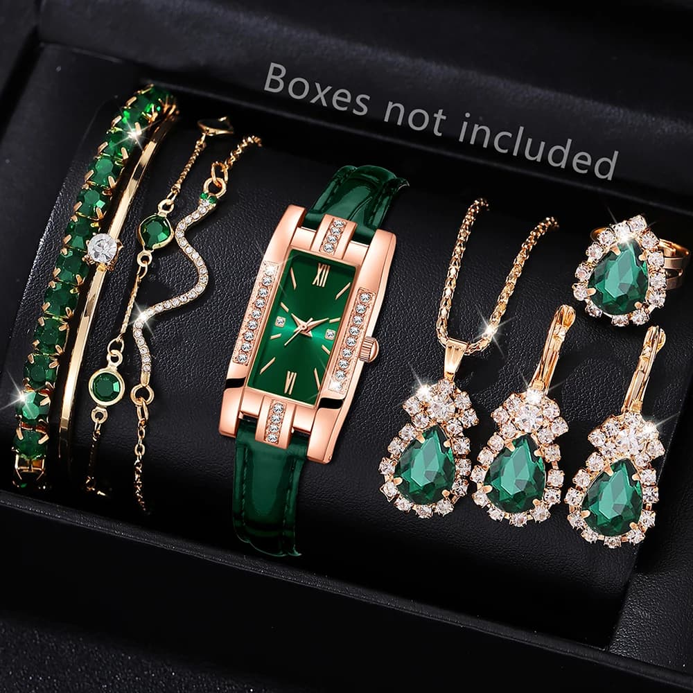 7Pcs Teardrop Emerald Watch Jewelry Set Women Rose Gold Rectangle Green Dial Green Leather Quartz Wristwatch