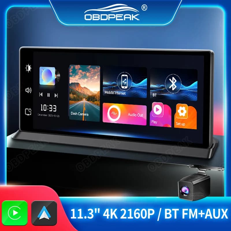 Dash Cam K2 Pro con Carplay e Android Auto, Telecamera Posteriore 11.3", DVR 4K 2160P, Navigazione GPS, Registratore Video, Immagine Invertita sul Cruscotto
