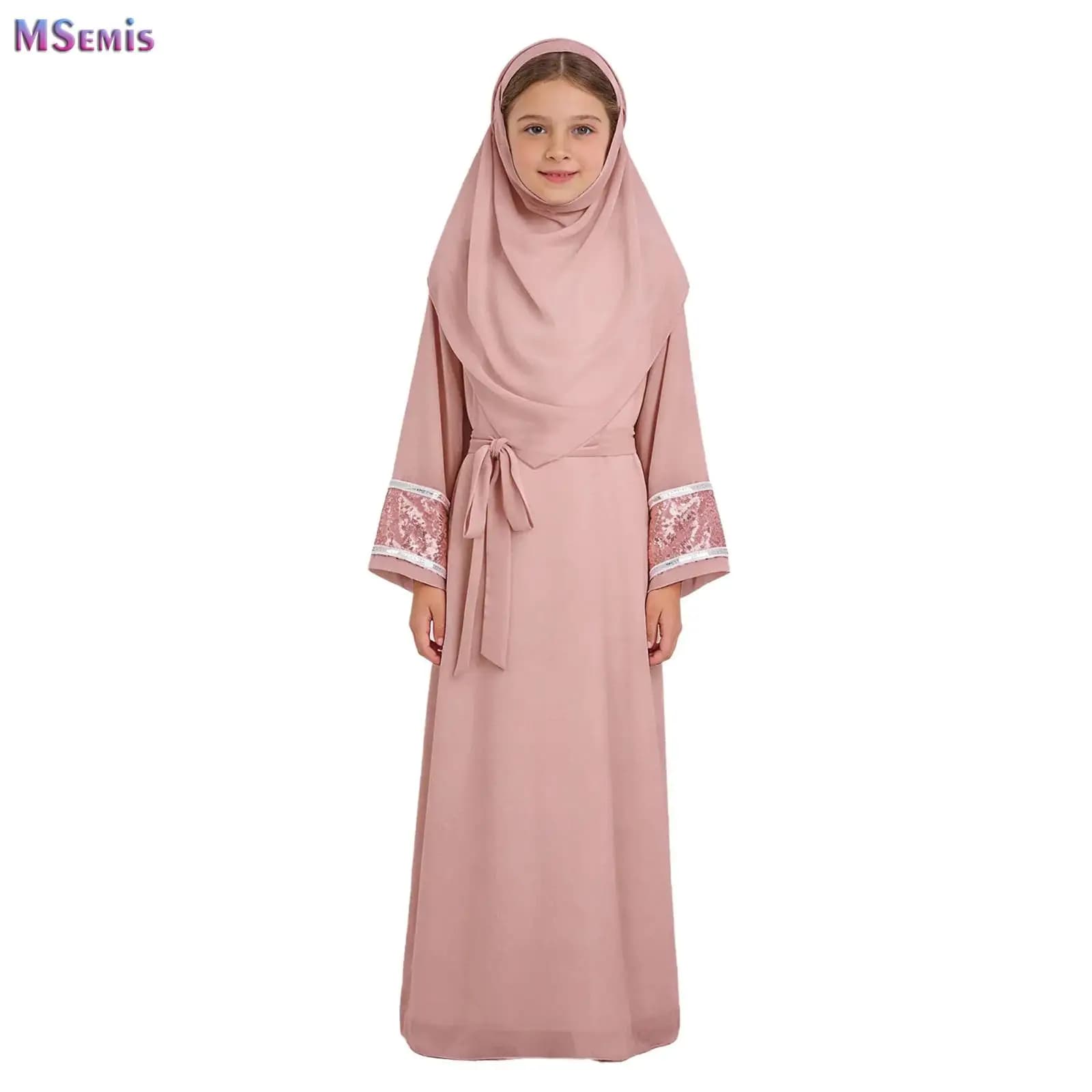 Set Ramadan per Bambine Musulmane, Abito da Preghiera con Hijab, Abaya Araba Lunga con Cintura, Set Hijab, Caftano Islamico