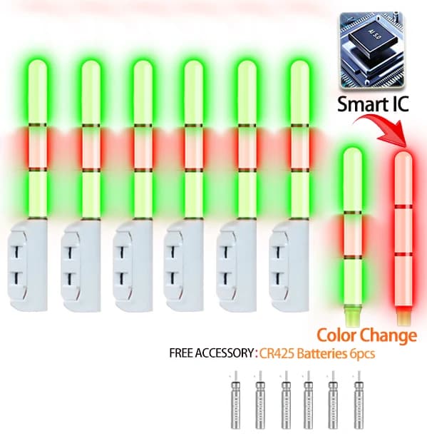 Set di 6 Luci LED Intelligenti per Canna da Pesca, Rimovibili e Impermeabili, con Batteria CR425, Cambio Colore, Accessori per la Pesca