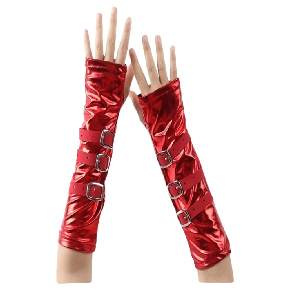 Solid Color Punk Arm Sleeves Metal Buckle Lightweight Dark Gothic Arm Covers Lacquer Leather Fingerless Half-arm Sleeve Gloves