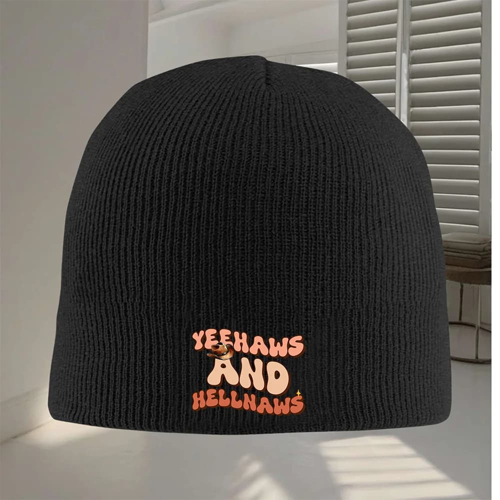 1pc Funny Yeehaw Hellaws Western Cowgirl Beanie Hat Warm Black Knit Skull Cap for Men Women Hand Washable Print One Size