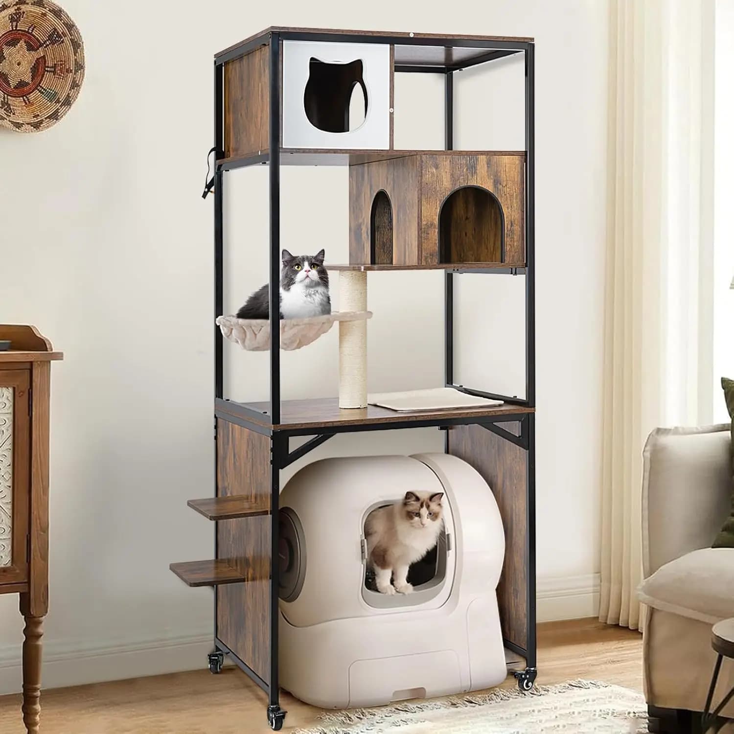 Mobiletto per lettiera per gatti con struttura in metallo, contenitore per lettiera autopulente da interno, 70 cm L