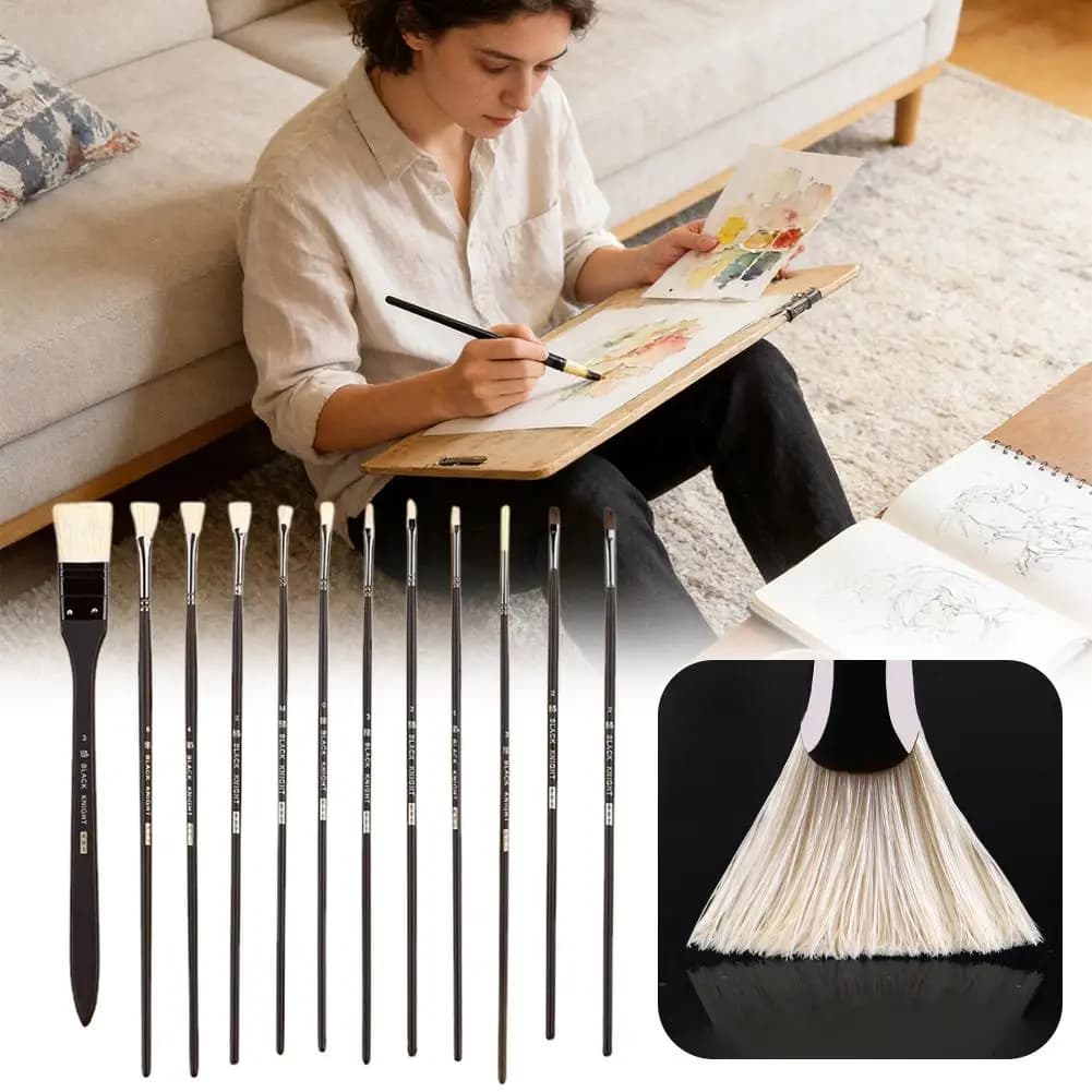 12Pcs Black Knight Series Paint Brush Set - Hog Bristle Brushes For Acrylic Oil Watercolor Painting - For Oil,Acrylic,Gouache