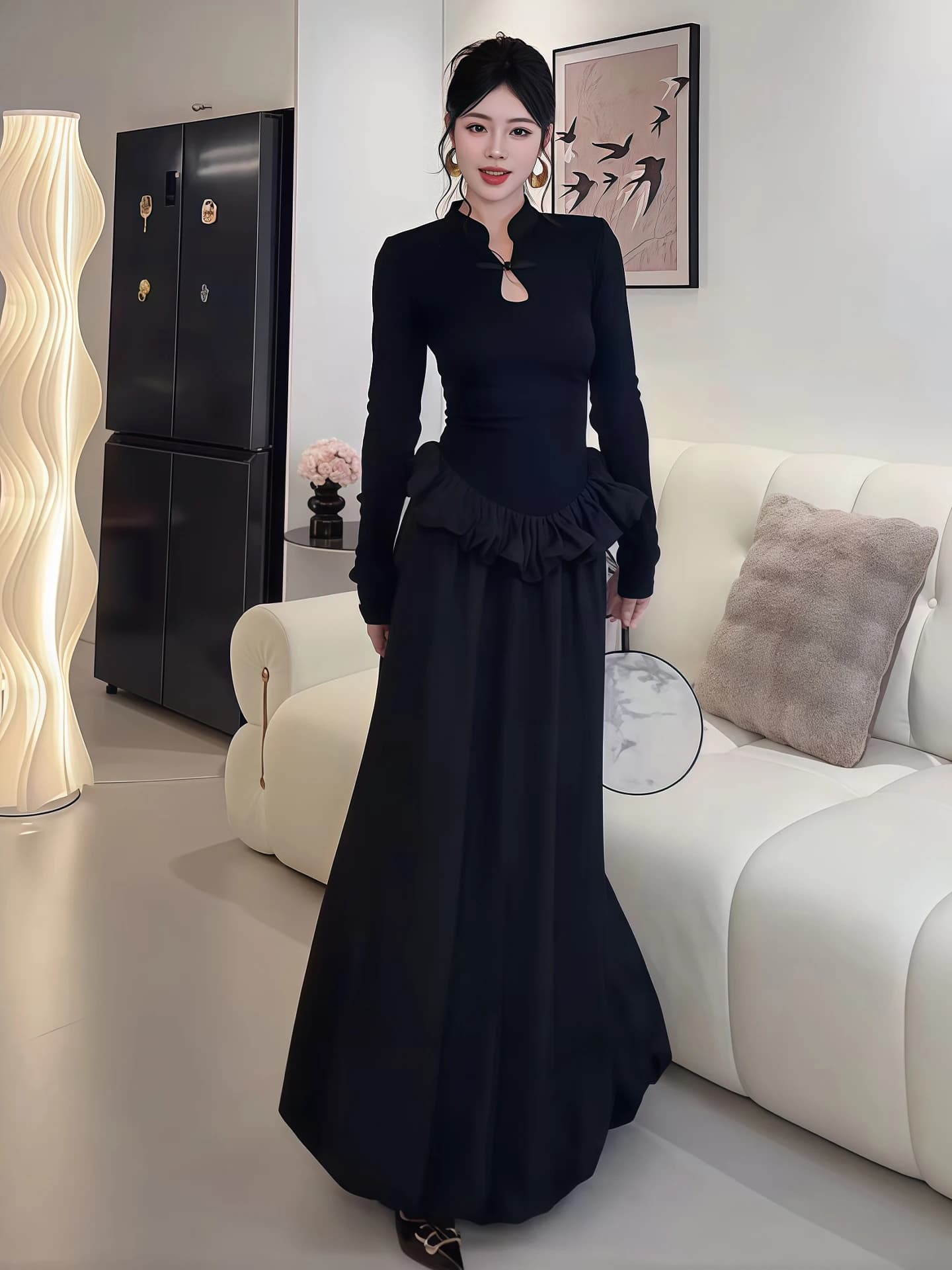 Nuovo Abito Lungo da Donna in Stile Cinese con Collo Alto e Maniche Lunghe, Design Slimming a Vita Alta per la Primavera