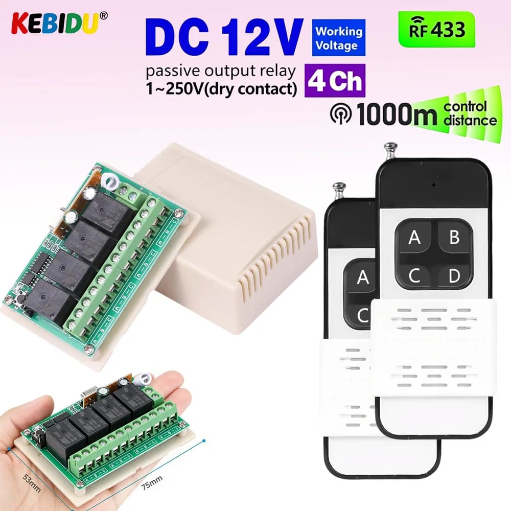 KEBIDU 433Mhz Universal Wireless Remote Control Switch DC 12V 4CH Relay Receiver 1000m Transmitter for Light/Garage Door/LED DIY