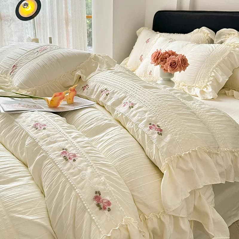 Set of wedding bed linen with lace-style Korean princess Set soft cotton duvet Seersucker Lenzuolo Federa 3/4 pieces