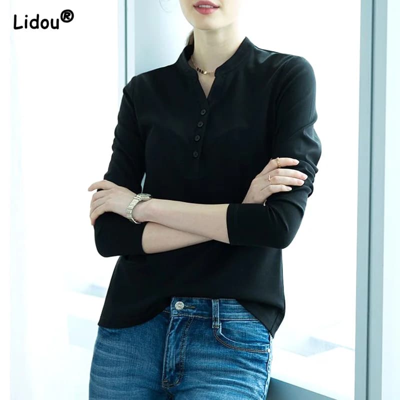 Skinny Solid T-Shirts Button Casual 2022 Women's Clothing V-neck Spring Summer Comfortable Capable Lightly Thin Pullovers Tops