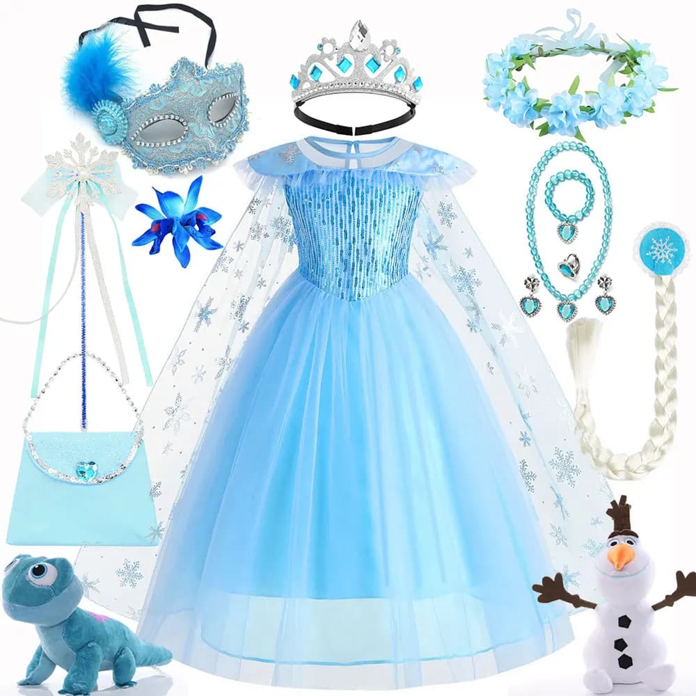 Abito da principessa Elsa della regina delle nevi Disney Frozen, abito blu con paillettes per feste di carnevale, per ragazza, abbigliamento da festival, set di costumi cosplay